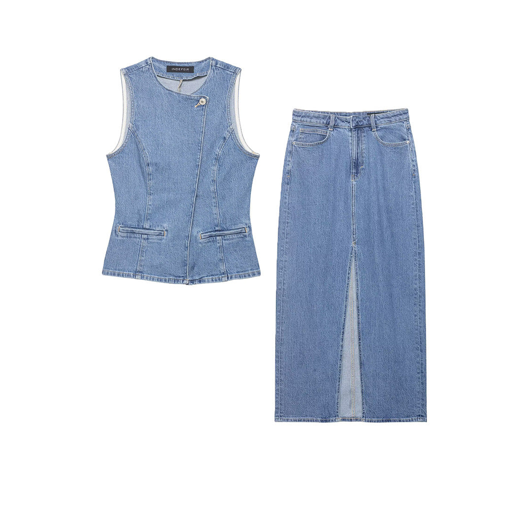 Women Tailored Denim Vest with Asymmetrical Button Placket and Princess Seams Chichicherry
