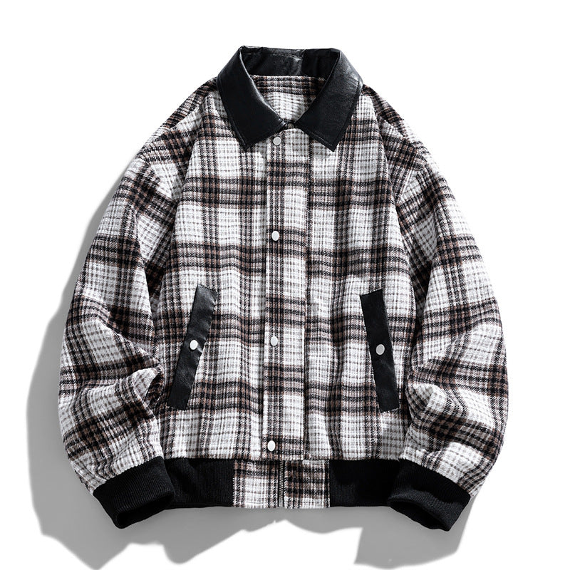 Men's Checkered Overshirt Jacket with Contrasting Faux Leather Collar and Ribbed Cuffs Chichicherry