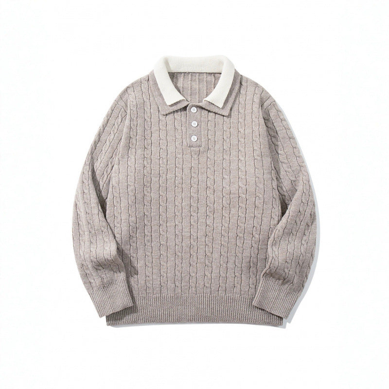 Men's Chunky Knitted Polo Collar Sweater with Cable Pattern and Button Placket Chichicherry