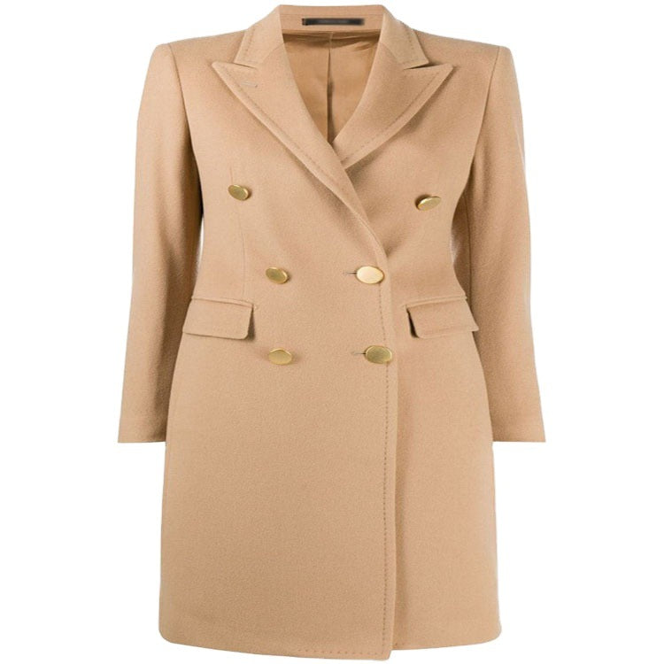 Ladies Knee-Length Double-Breasted Wool Blend Coat with Textured Lapels and Flap Pockets Chichicherry