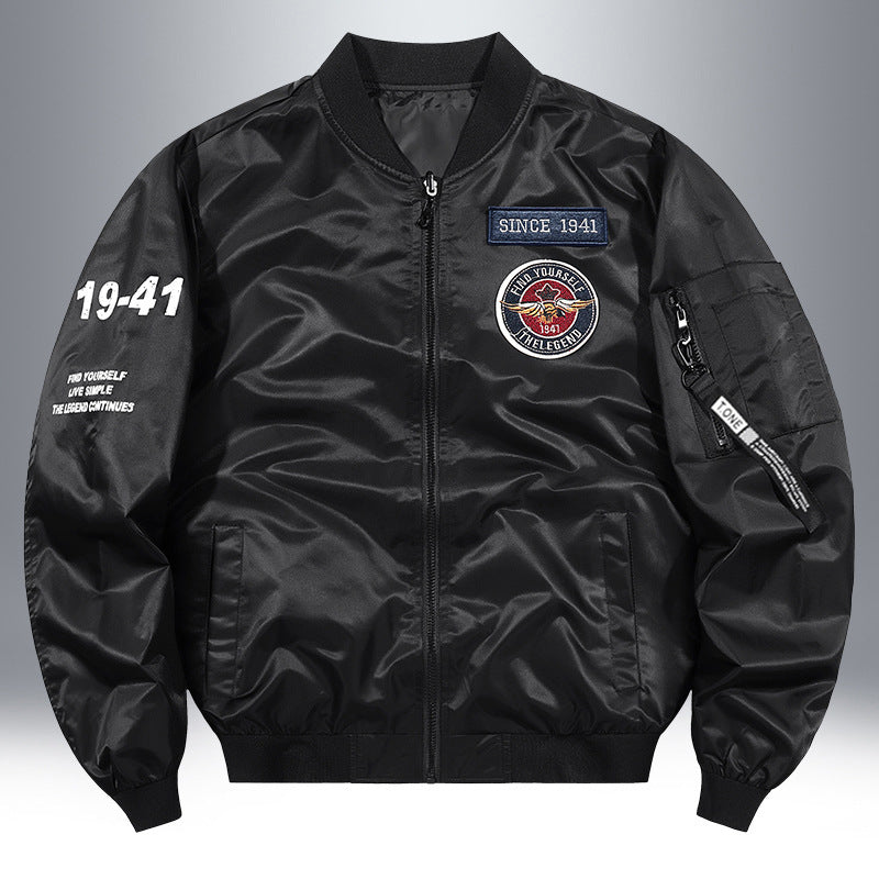 Men's Lightweight Nylon Bomber Jacket in Aviator Style with Patch Details and Arm Pocket Chichicherry