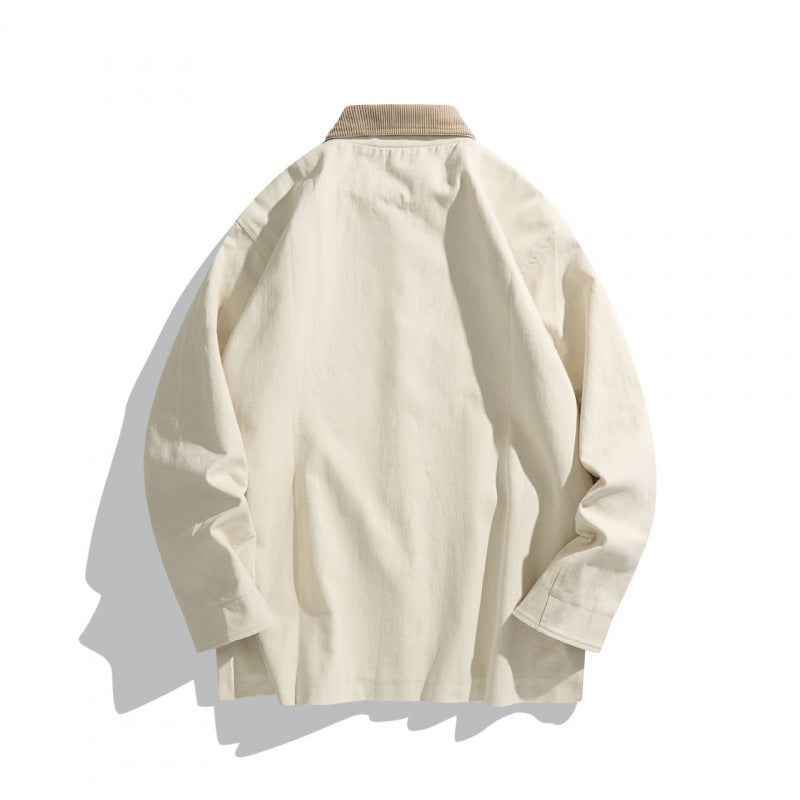 Unisex Boxy Canvas Field Jacket with Contrast Cord Collar and Utility Pockets Chichicherry