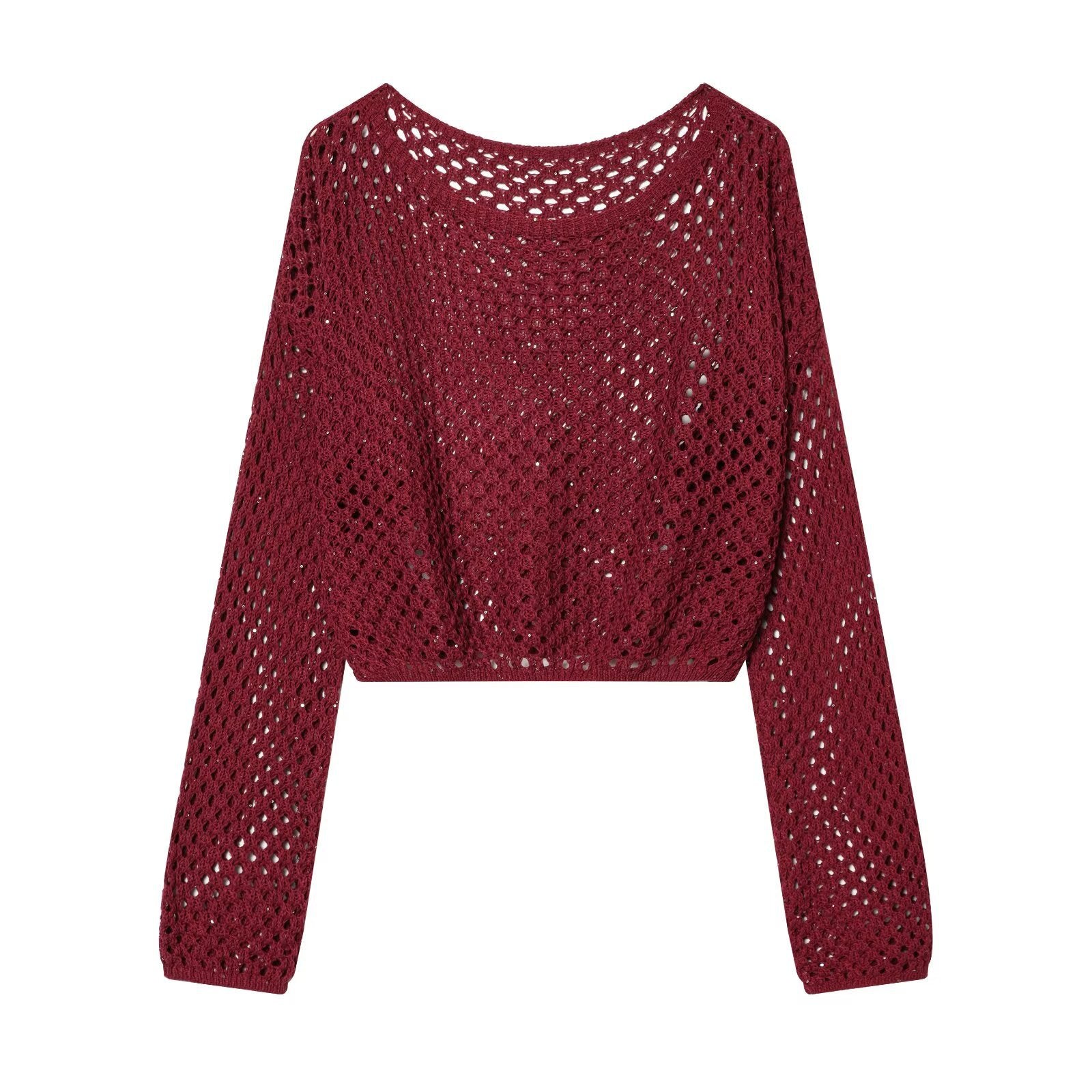 Women's Crocheted Open Knit Cropped Sweater with Balloon Sleeves Chichicherry