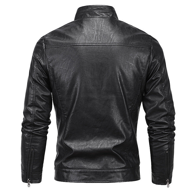 Men's Slim Faux Leather Moto Jacket with Stand Collar and Zip Chichicherry