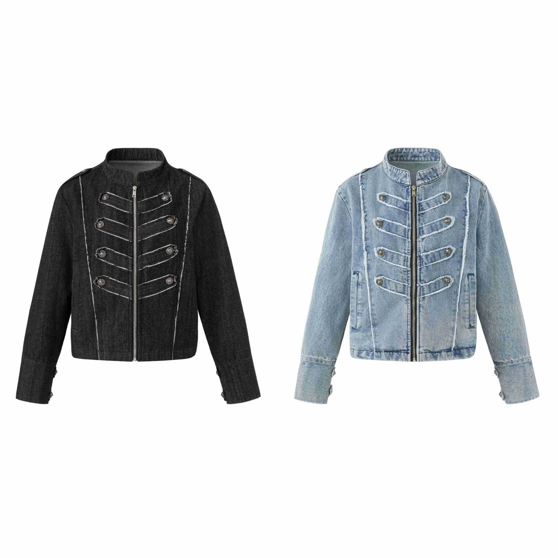 Women's denim blouson in military look with standing collar and decorative button placket Chichicherry