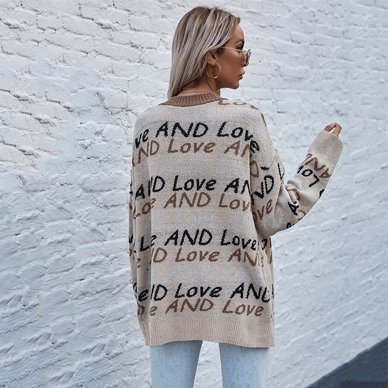 Women's Oversize Knit Cardigan with Letter Jacquard, Deep V-Neck and Button Placket Chichicherry