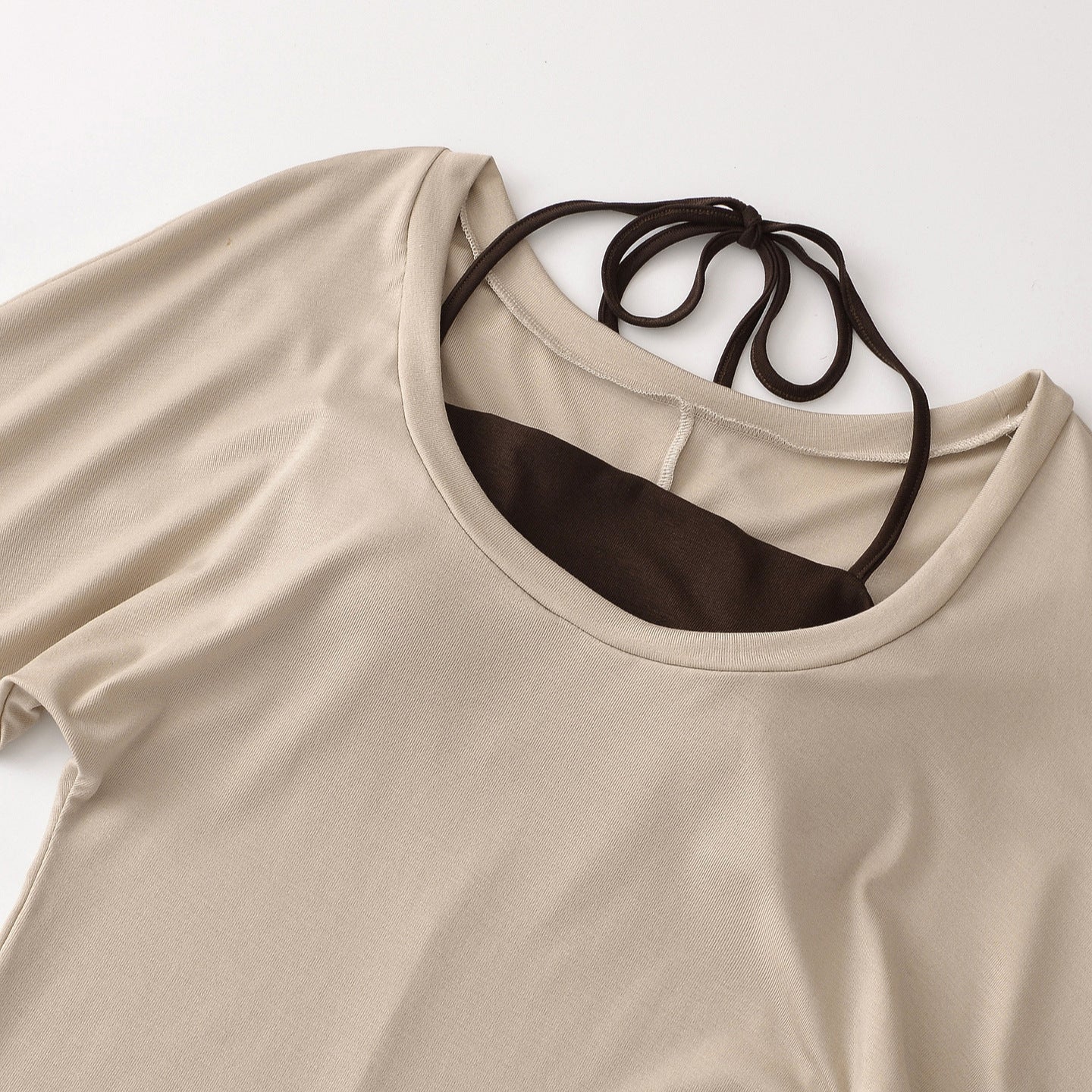 Women's Layered Long Sleeve Shirt with Integrated Spaghetti Strap Cami and Wide Round Neck Chichicherry