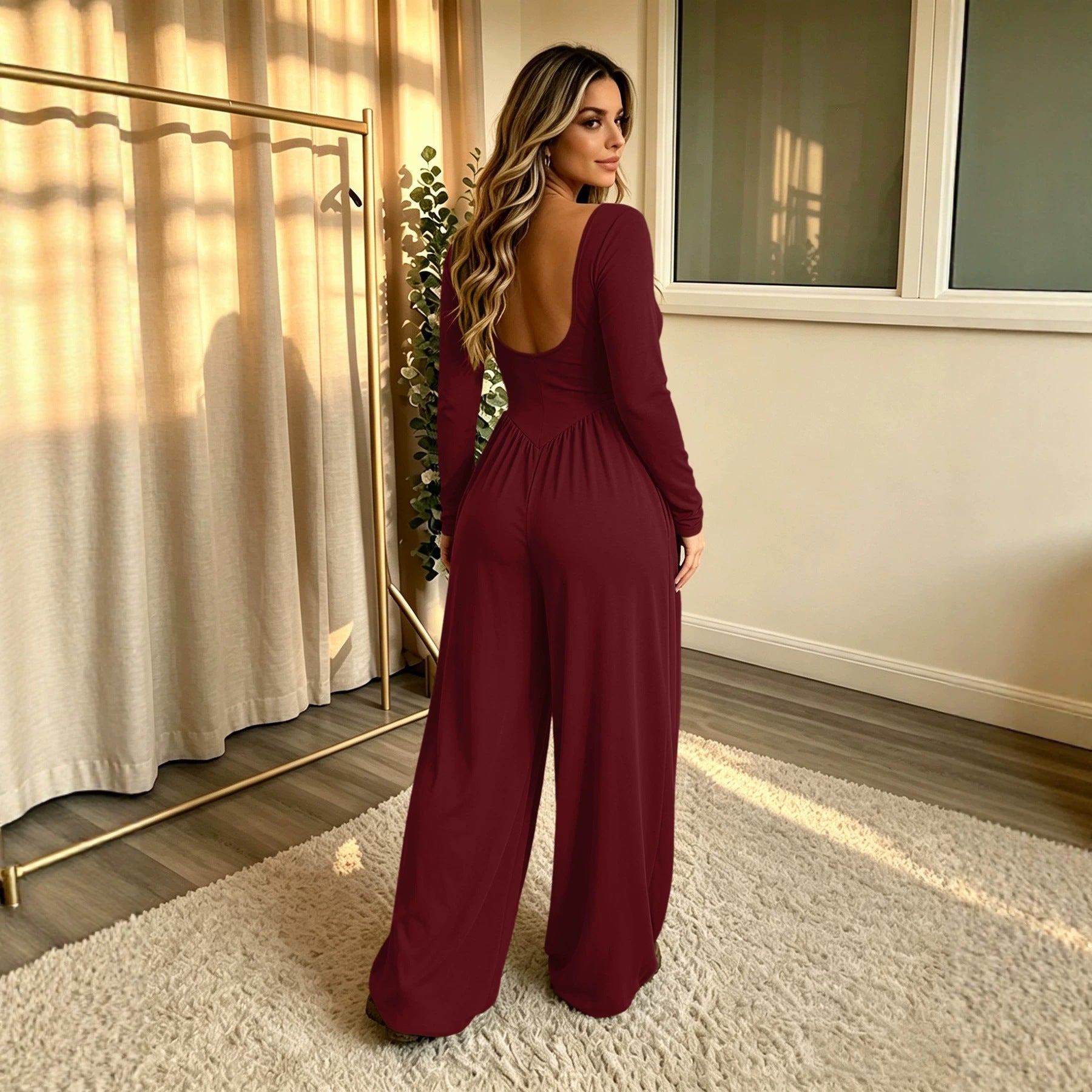 Ladies Long Jumpsuit with Wide Leg, Deep Round Neck and Side Pockets Chichicherry