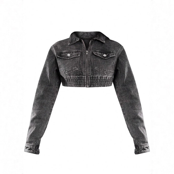 Women's Cropped Denim Set consisting of jacket and midi skirt with zipper, elastic waistband & cargo pockets Chichicherry