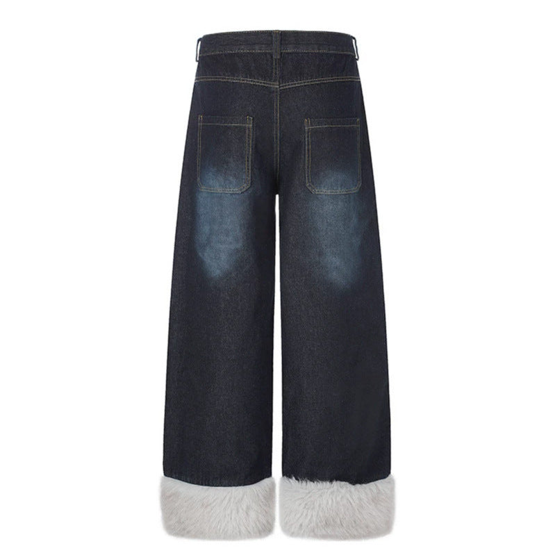 Women wide high-cut denim palazzo pants with check patch pocket and faux fur trim at hem Chichicherry