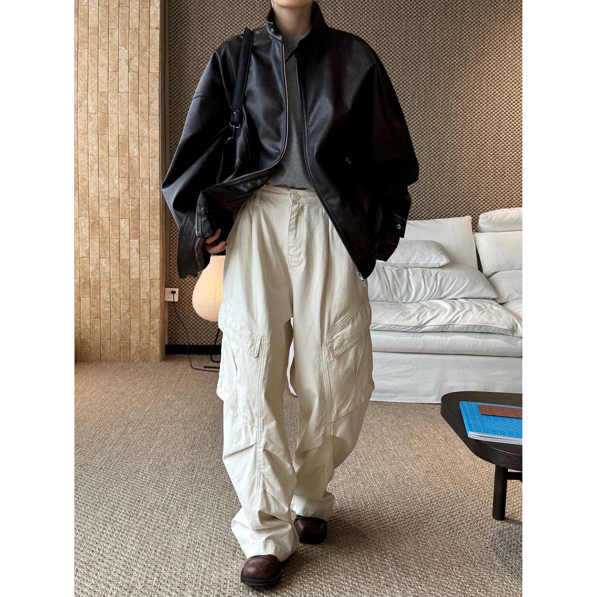 Women's Utility Baggy Pants with Asymmetric Flap Pockets and High Waist Chichicherry