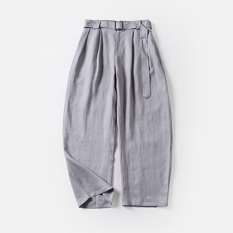 Women's High-Waisted Linen-Cotton Pleated Trousers with Tied Belt and Tapered Leg Chichicherry
