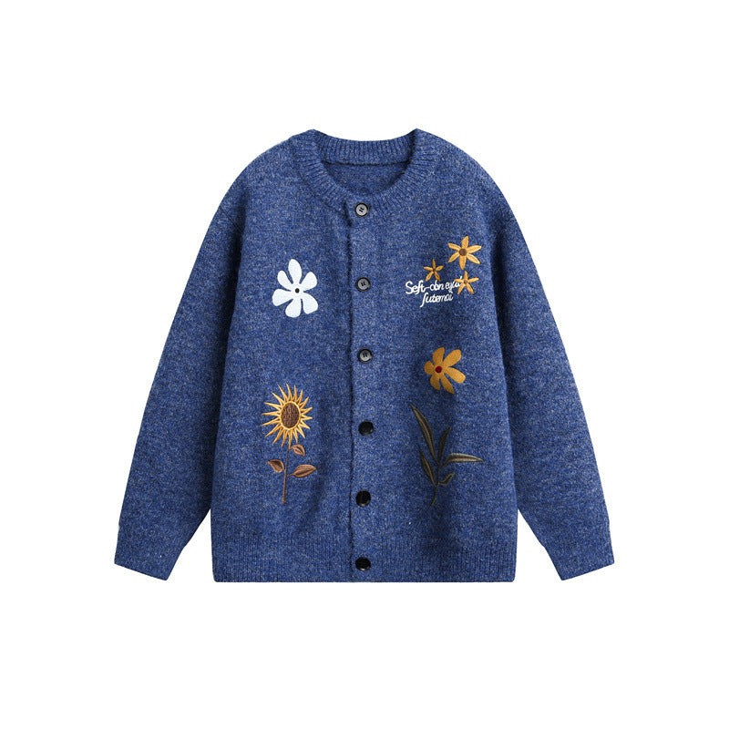 Women's knit cardigan with floral embroidery, round neckline and button placket Chichicherry