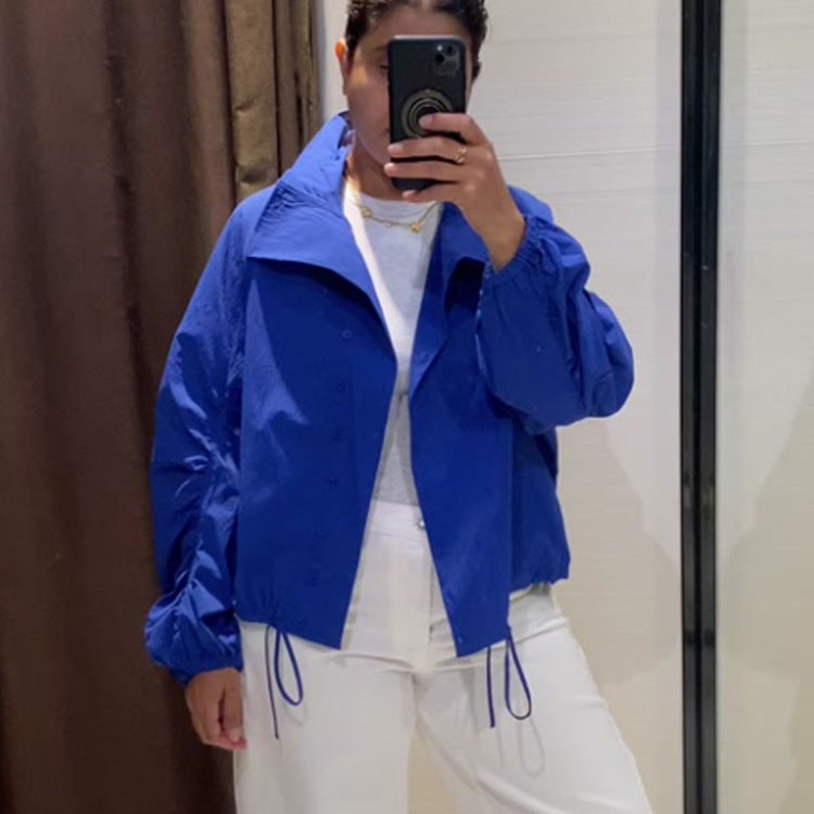 Women's Lightweight Windbreaker with Stand-up Collar, Snap Button Placket and Drawstring Chichicherry