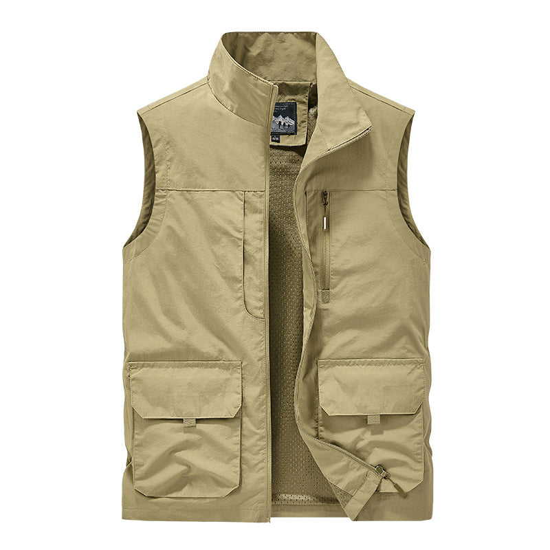 Men's utility vest with multifunctional pockets, breathable mesh lining, and stand-up collar Chichicherry