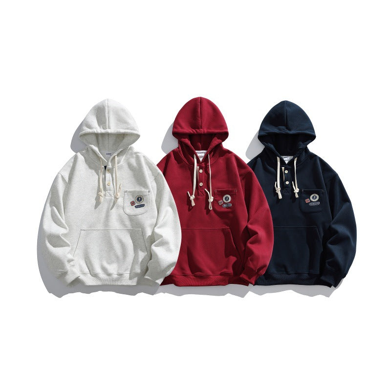 Unisex Hooded Hoodie in Henley Style with Chest Pocket & Kangaroo Pocket Chichicherry