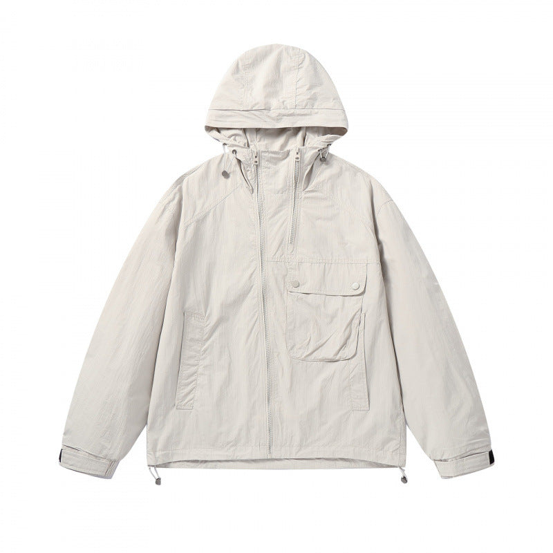 Unisex Lightweight Hooded Transition Jacket with Large Flap Pocket Detail and Drawstring Chichicherry