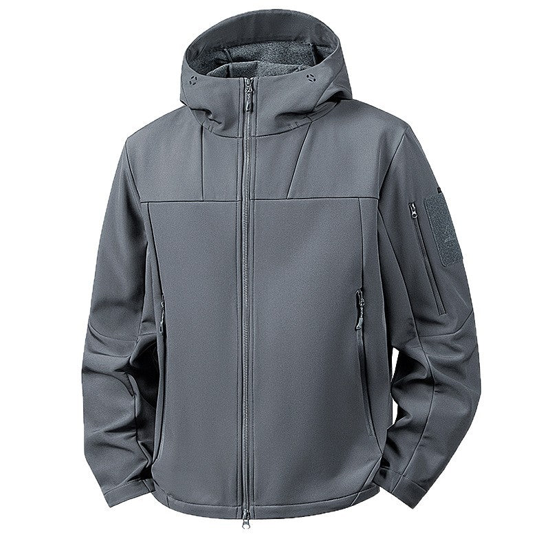 Men's softshell outdoor jacket with hood, wind and water-repellent membrane, concealed zip pockets, and ergonomic cut Chichicherry