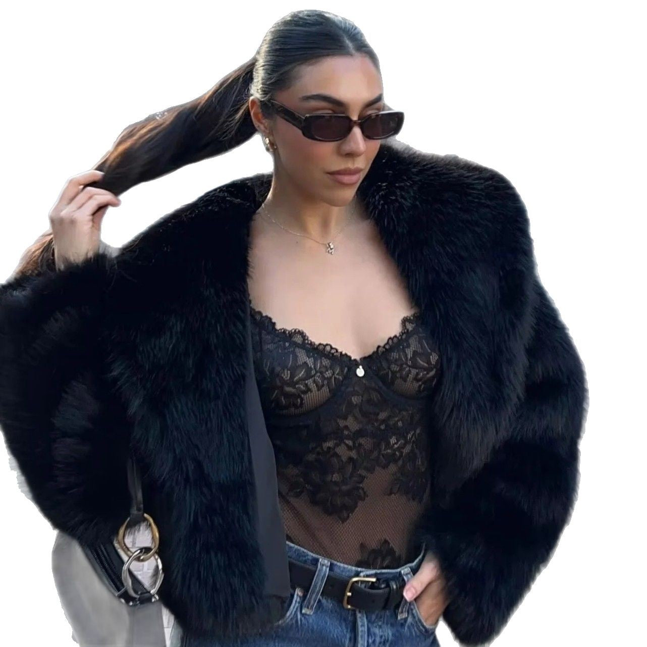 Ladies Short Cropped Faux Fur Jacket with Voluminous Shawl Collar Chichicherry