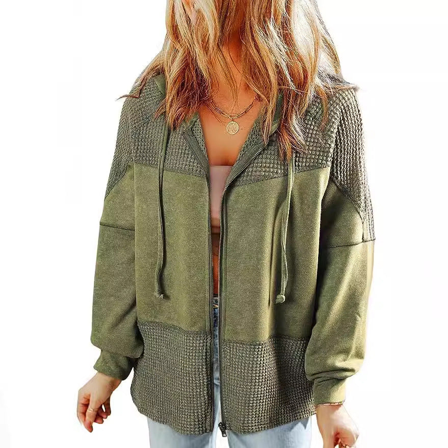 Damen Lässige Oversize-Kapuzenjacke mit Strukturstrick-Einsätzen und Reißverschluss Chichicherry