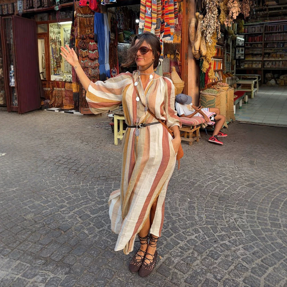 Women's Striped Linen Maxi Dress in Boho Style with Balloon Sleeves, Side Slit and Waist Belt Chichicherry