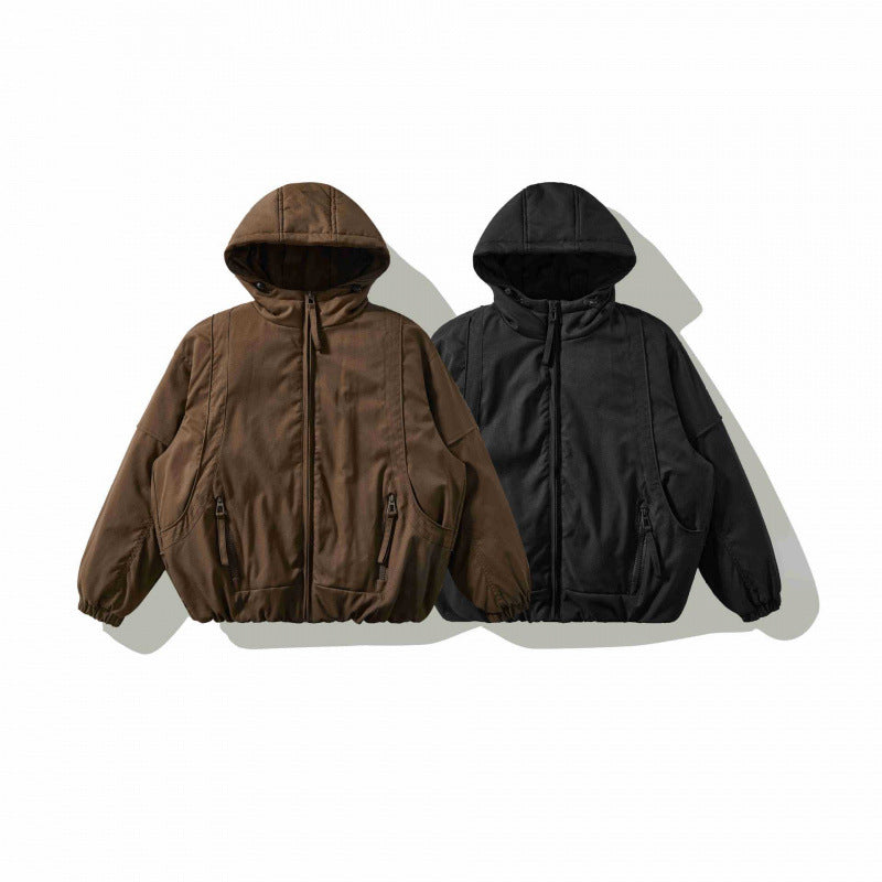 Unisex Oversize Quilted Bomber Jacket with High Hood, Shaped Flap Pockets and Elastic Hem Chichicherry