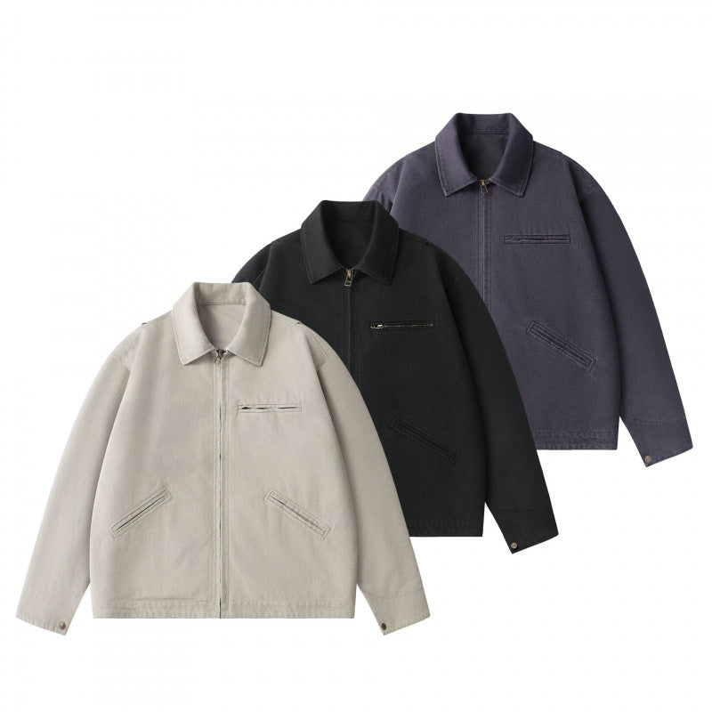 Unisex Boxy Short Jacket in Worker Blouson Style with Shirt Collar and Concealed Zip Chichicherry