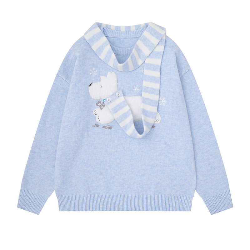 Women's Cozy Knit Sweater with Polar Bear Applique and Integrated Striped Scarf Chichicherry