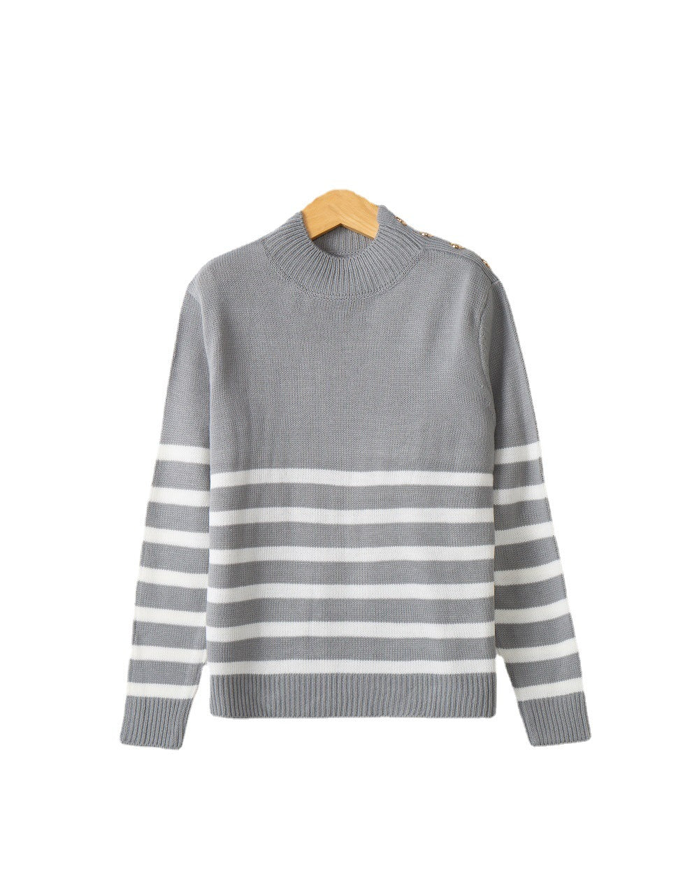 Women's Striped Turtleneck Sweater with Decorative Shoulder Buttons and Ribbed Cuffs Chichicherry