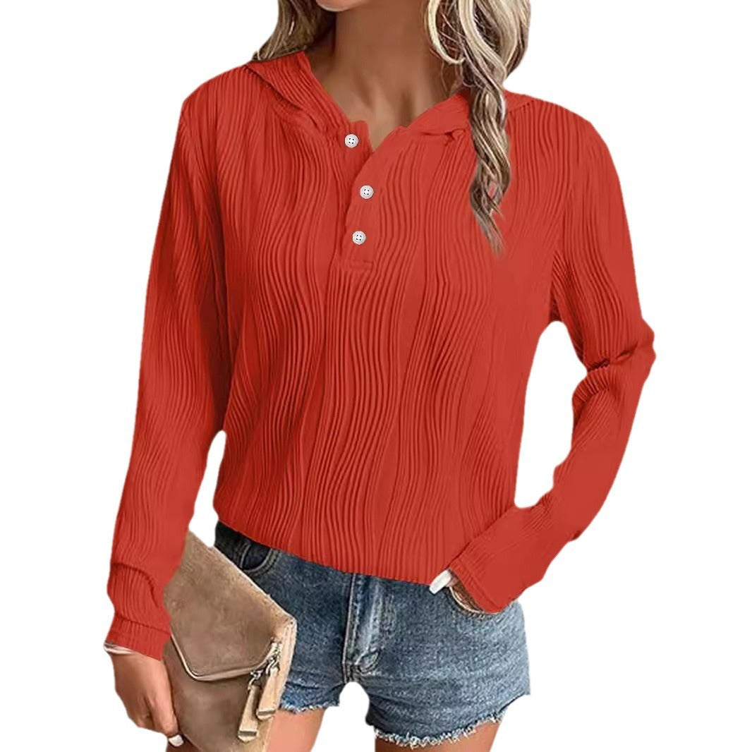 Women's Ribbed Hooded Henley Shirt with Button Placket and Light Texture Chichicherry