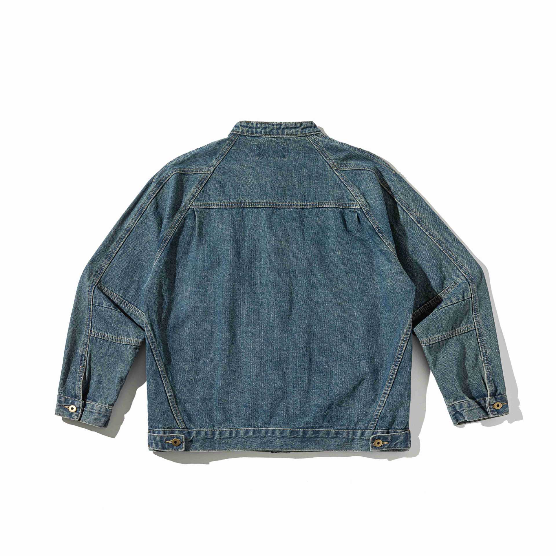 Unisex Boxy Denim Jacket with Stand-up Collar, distinctive seam piping and Button Placket Chichicherry
