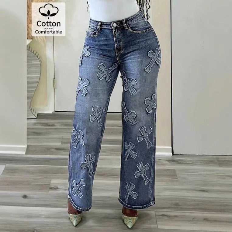Women's high-waisted straight-cut jeans with cross appliqués made of cotton denim Chichicherry