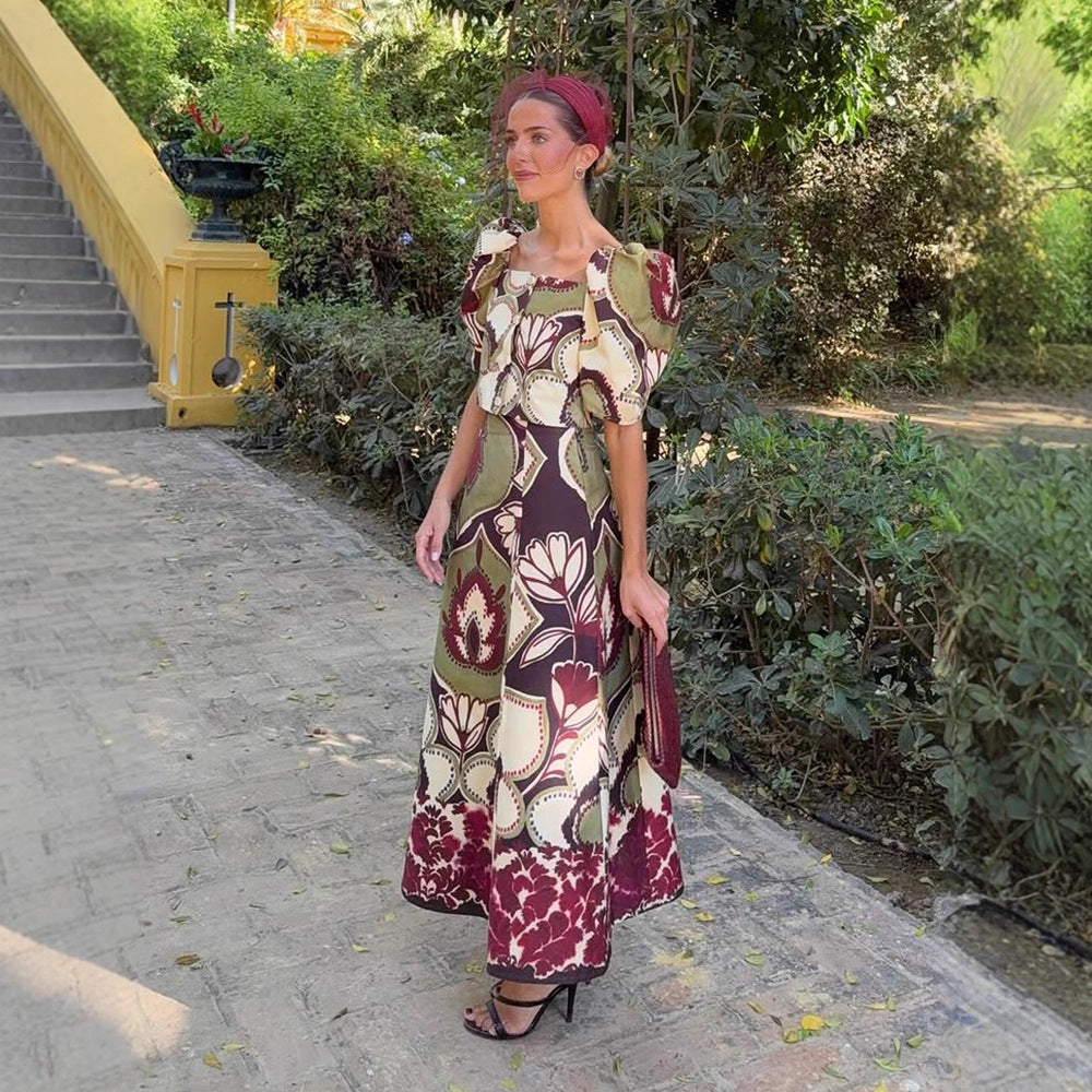 Women's Maxi Dress Set with Puff Sleeves, Tailored Midriff and Floral-Geometric Print Chichicherry