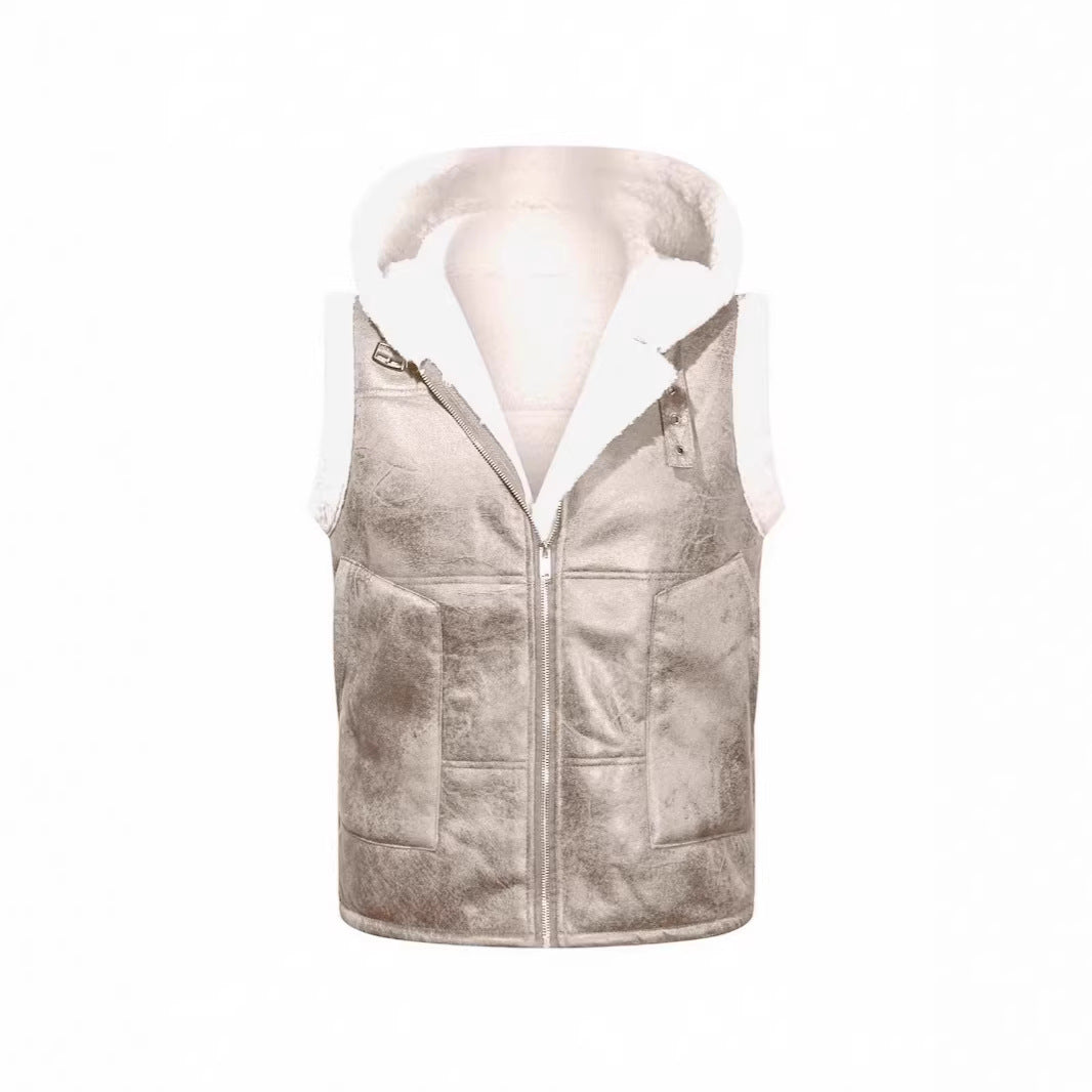 Men's hooded vest in lambskin look with teddy lining, zipper and large flap pockets Chichicherry