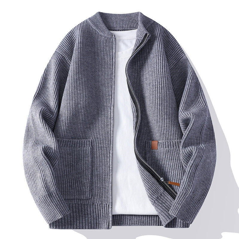 Men's Structured Bomber Cardigan with Full Metal Zip and Patch Pockets Chichicherry