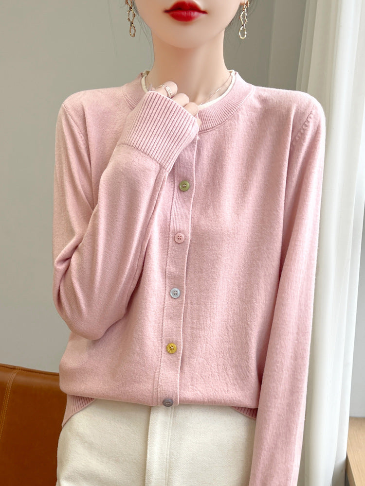 Women Lightweight Fine Knit Cardigan with Round Neckline and Colorful Buttons Chichicherry