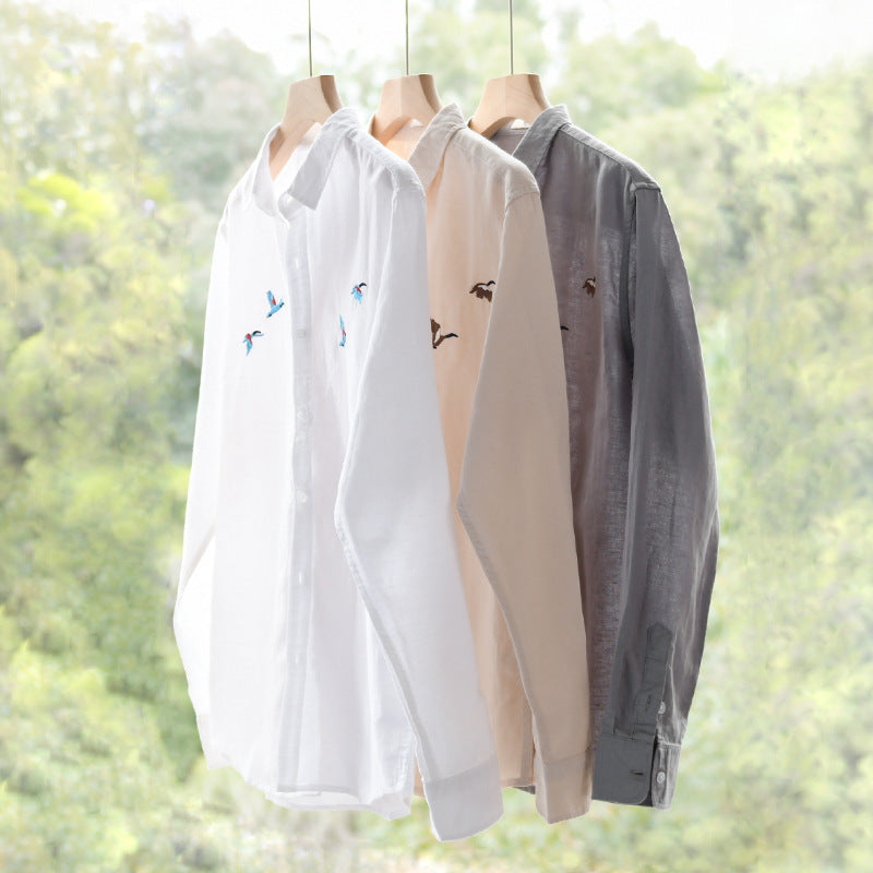 Men's Lightweight Linen Shirt with Fine Bird Embroidery and Relaxed Fit Chichicherry