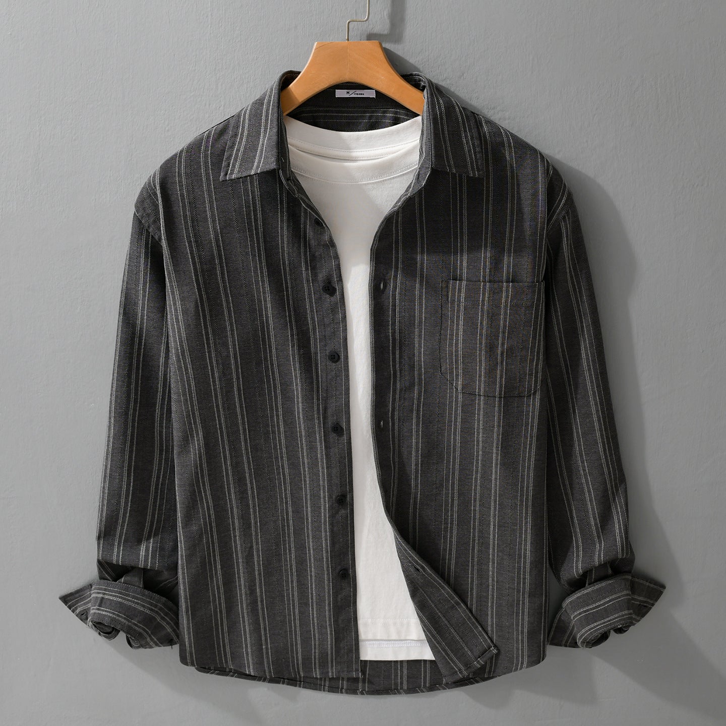 Men's Relaxed-Stripe Shirt Jacket made of fine cotton twill with patch chest pocket Chichicherry