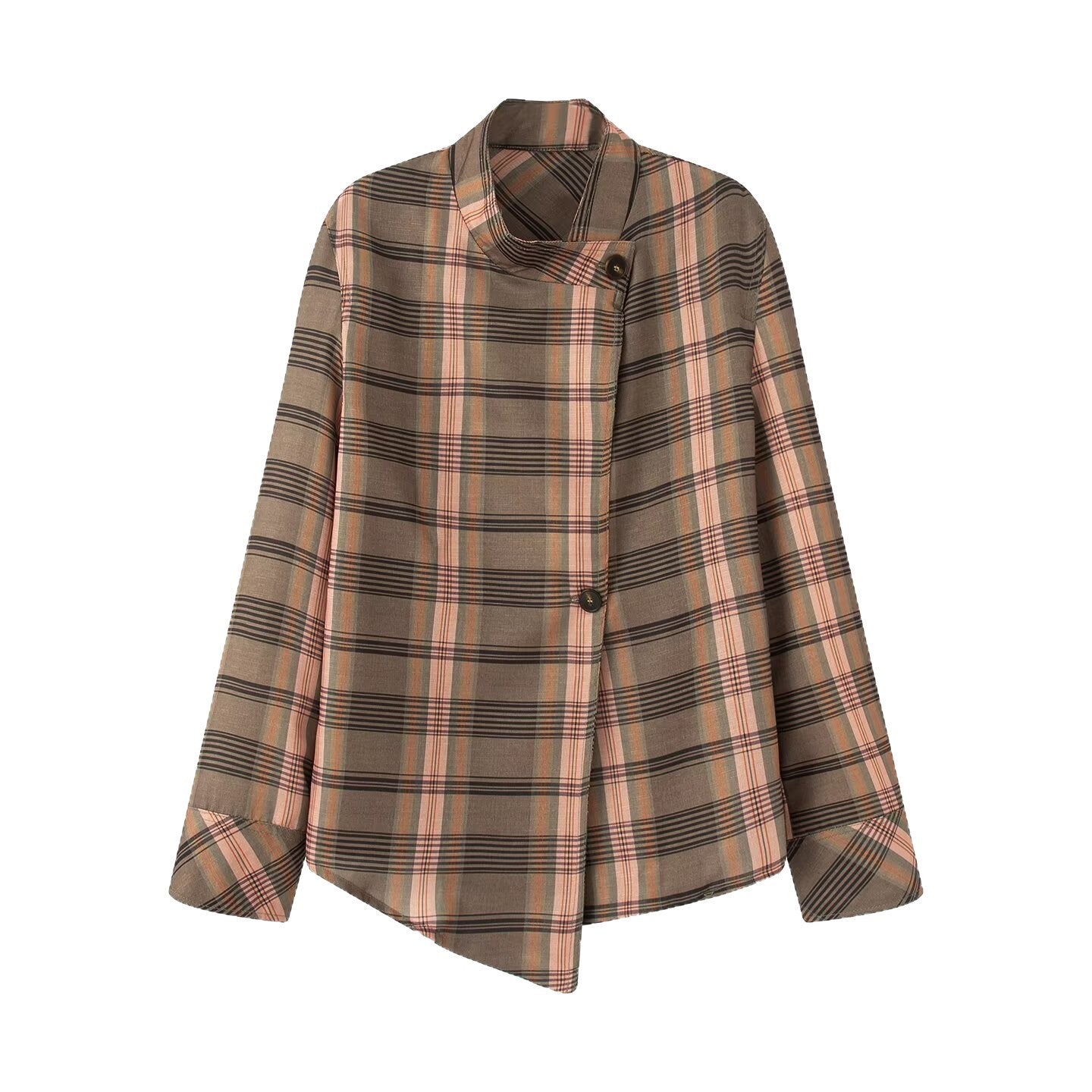 Ladies Asymmetric Cape Blouse in Check Pattern with Stand Collar and Button Closure Chichicherry