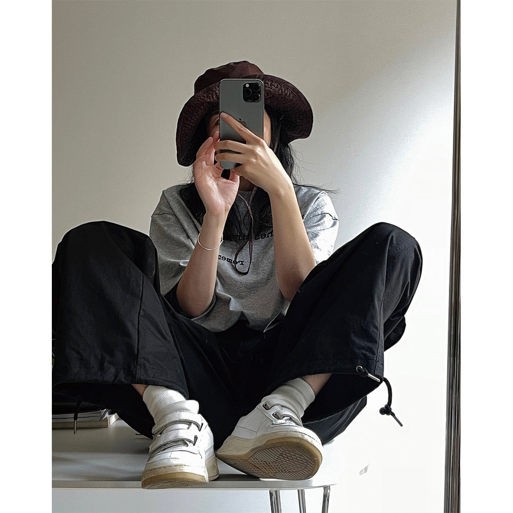 Women's Wide Cargo-Baggy Pants with Drawstring at the Hem and Large Patch Pockets Chichicherry