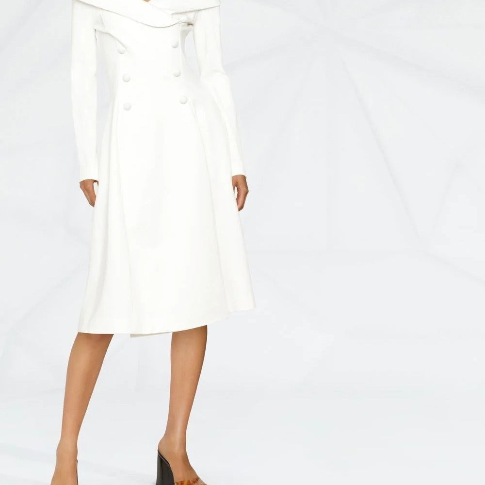 Women's maxi dress in coat look with off-the-shoulder collar and double row Chichicherry