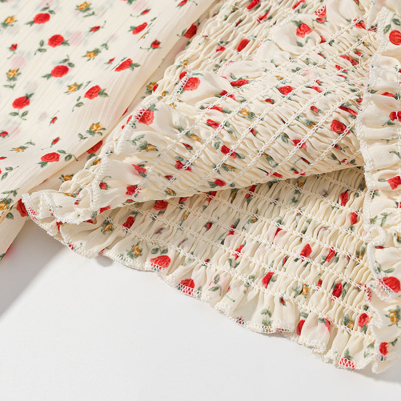 Women Smocked Cropped Top with Puff Sleeves and Floral Print Chichicherry