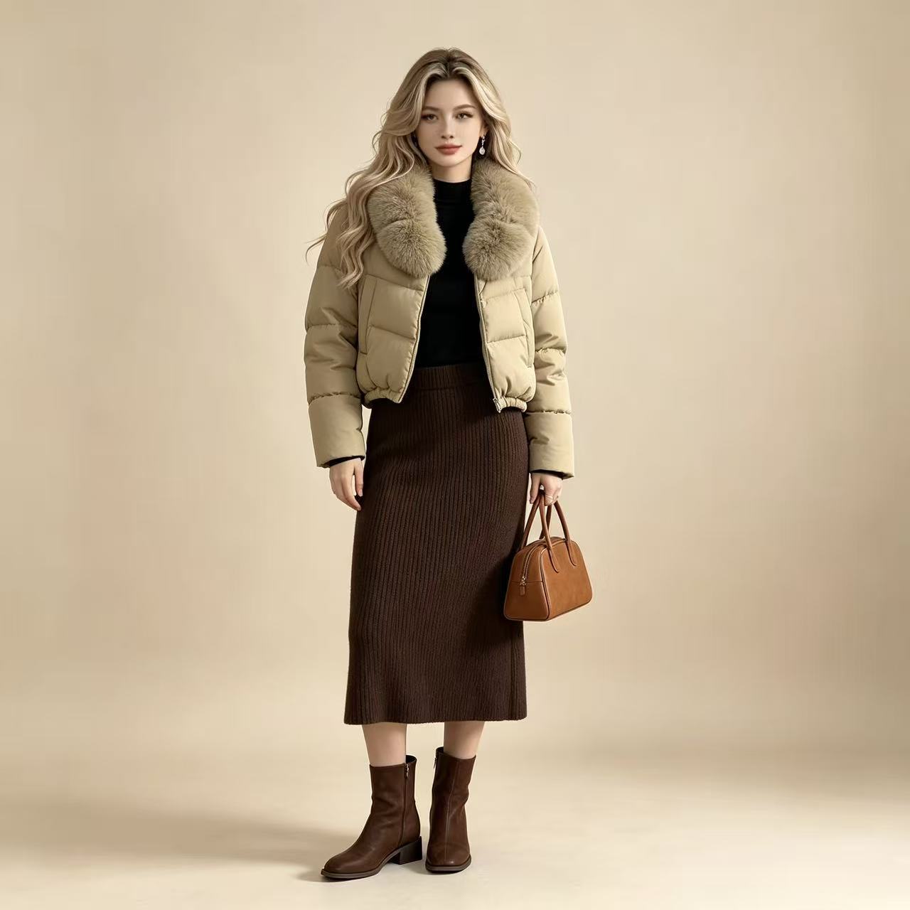 Women's short tailored puffer jacket with voluminous hood collar and detachable fur trim Chichicherry