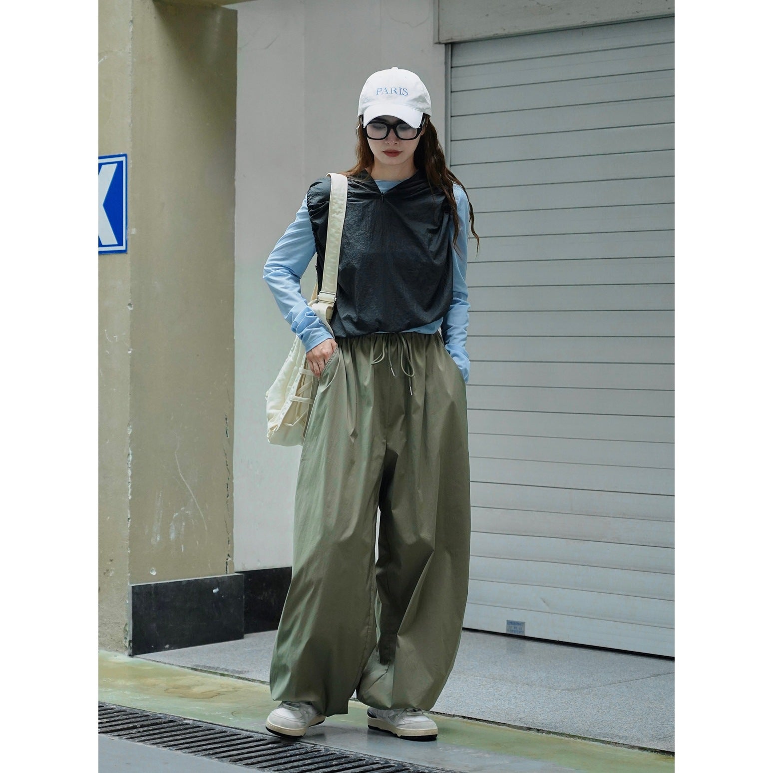 Women's Wide Cotton Blend Baggy Pants with Elastic Drawstring Waist Chichicherry