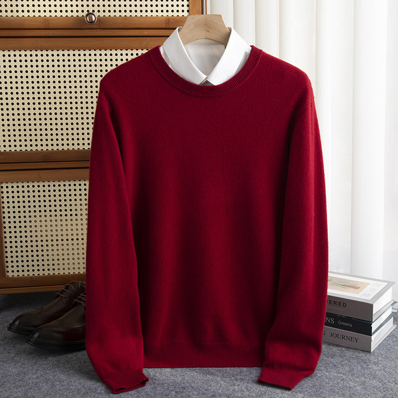 Men's Simple Round Neck Fine Knit Sweater Cashmere-like Feel with Ribbed Trims Chichicherry