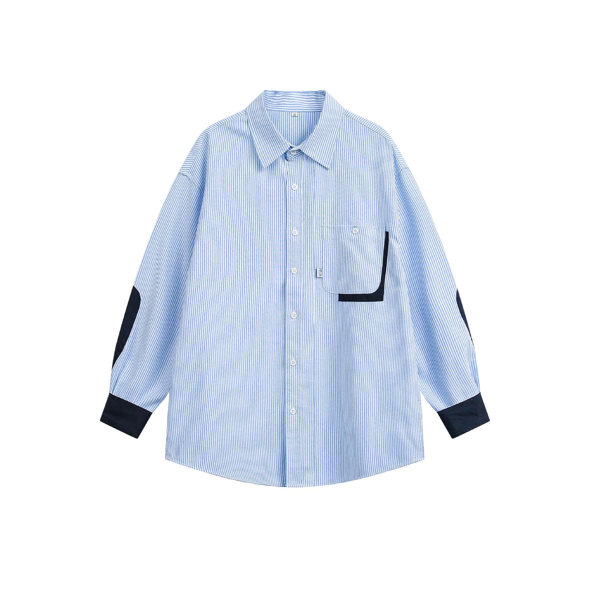 Unisex Wide Stripe Shirt in Shirt Jacket Style with Contrast Details Chichicherry