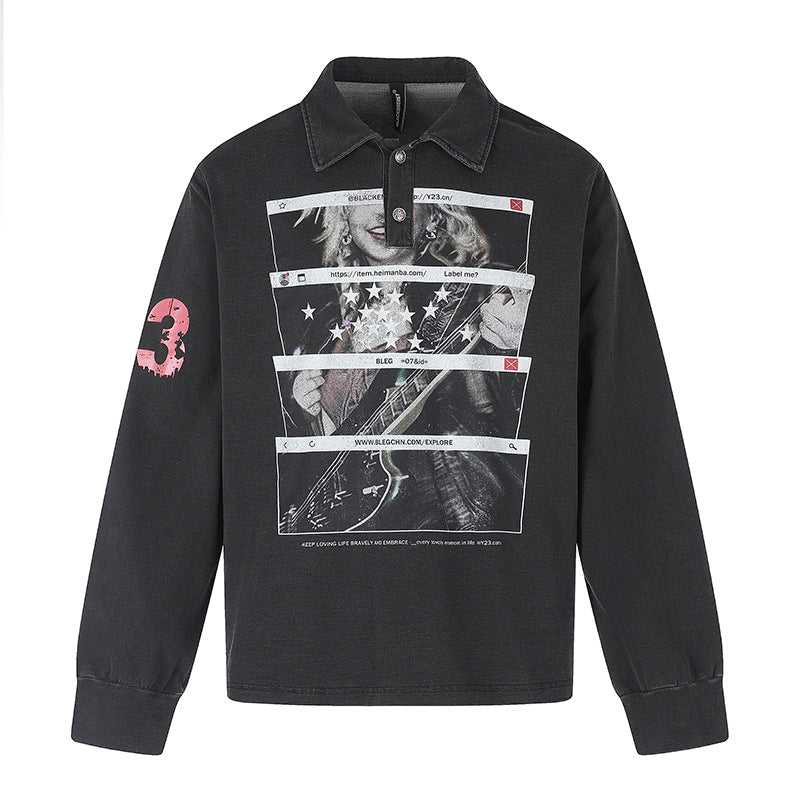 Men's Long Sleeve Polo Shirt with Vintage-Inspired Front Print, Shirt Collar and Button Placket Chichicherry