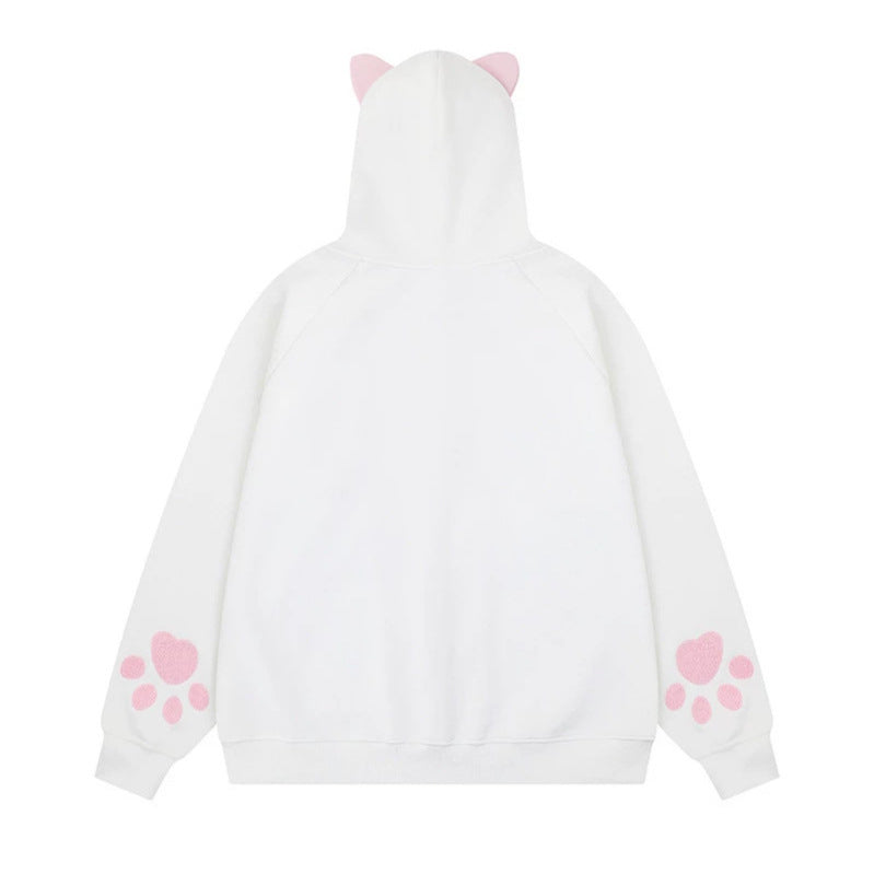 Women's hooded sweatshirt jacket with ears, full-length zipper, kangaroo pocket with paw appliqué and playful embroidery Chichicherry