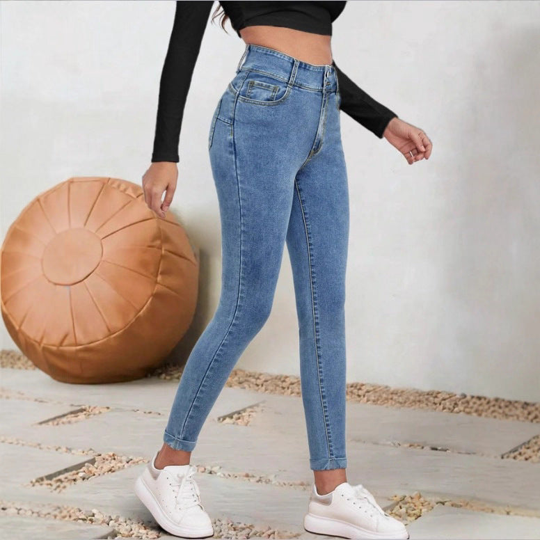Women High-Waisted Sculpting Skinny Jeans with Double Button and Cuff Detail Chichicherry