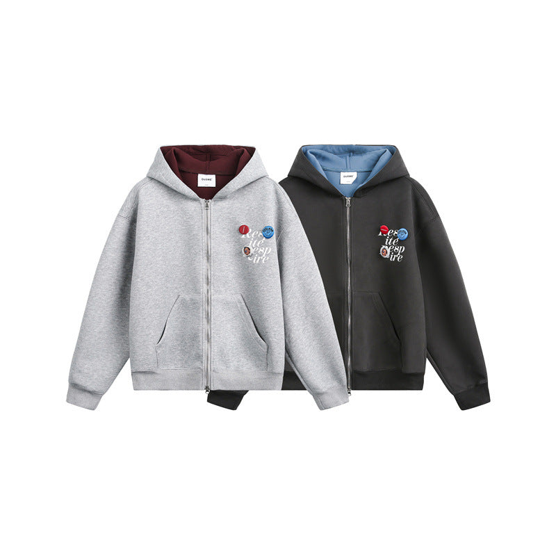 Unisex Hooded Sweat Jacket with Print Badges and Two-Way Zipper Chichicherry